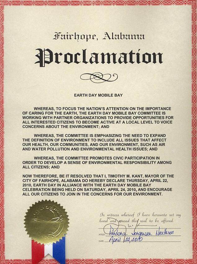 Fairhope 2010 Earth Day Mobile Bay Proclamation