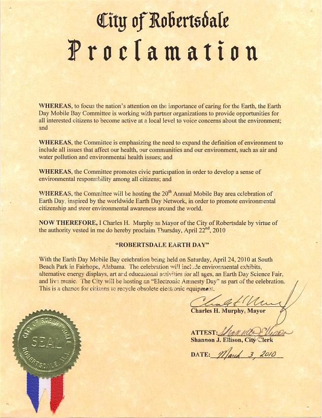 Robertsdale 2010 Earth Day Mobile Bay Proclamation